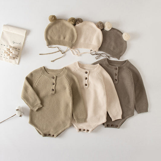 2021 Korean version of the newborn baby autumn knitted jumpsuit male and female baby cute hat bag fart crawling sweater
